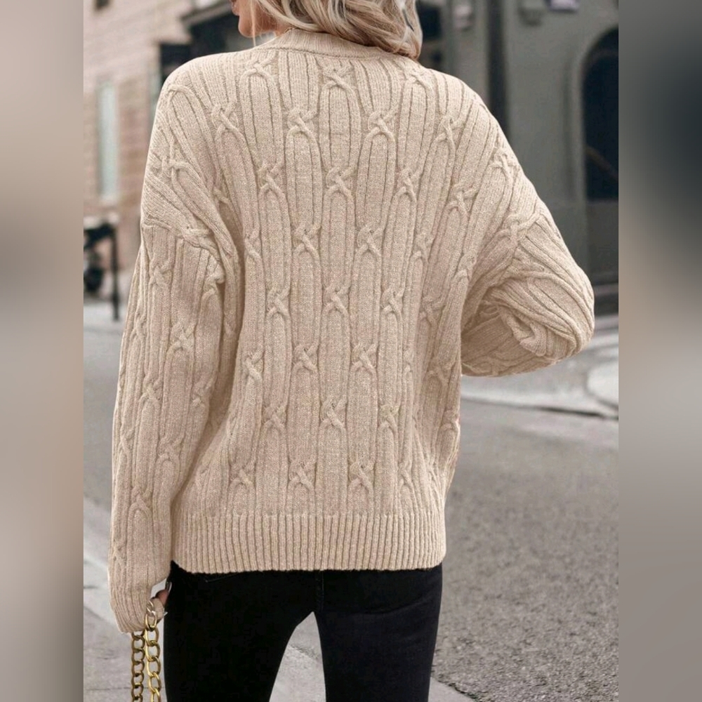 New Fancy Cable Knit Sweater Top Long Sleeve V Neck Beige Tan Cream - Picture 6 of 10